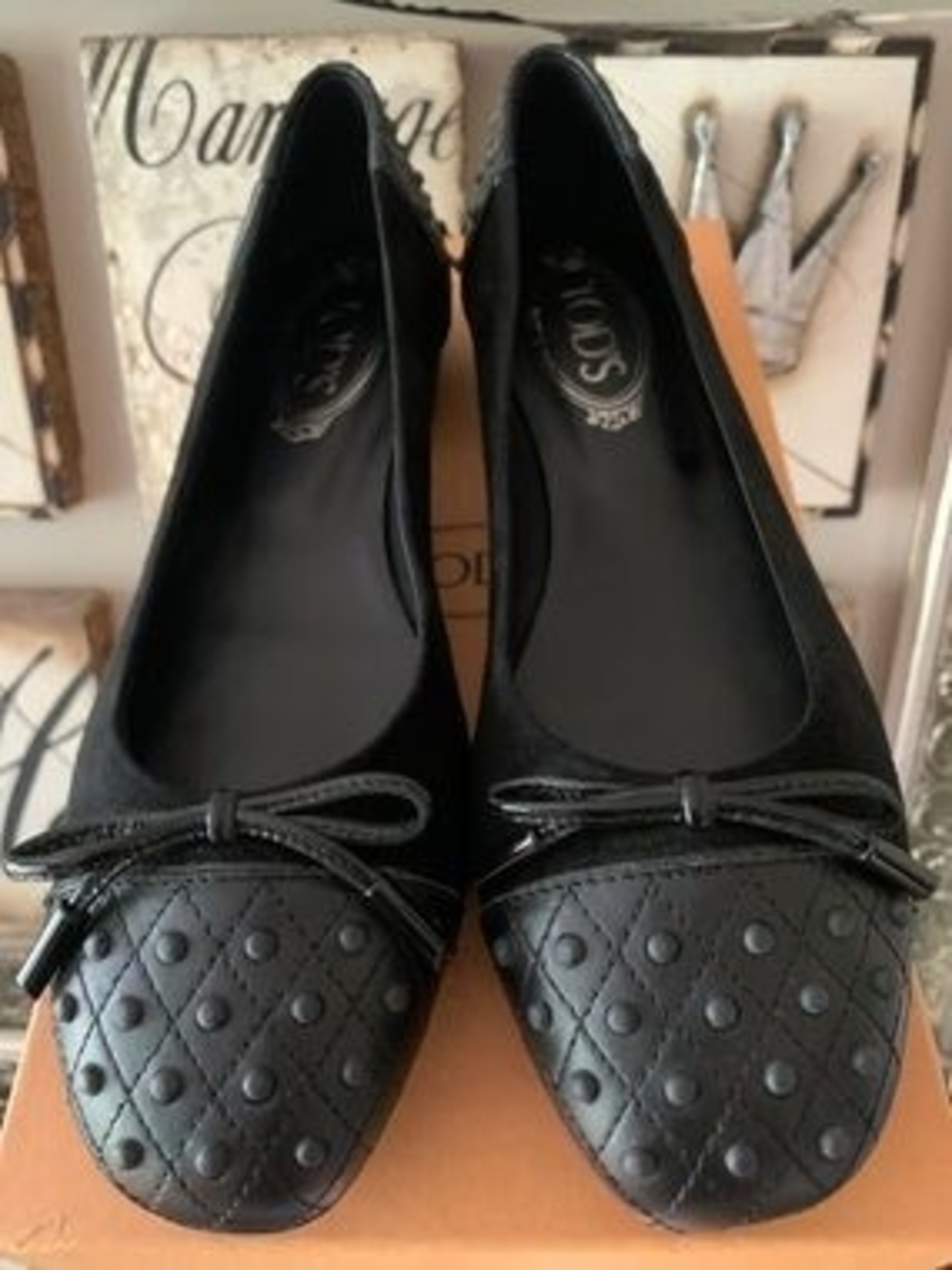 Tod's Black Quilted Dot Toe Bow Ballet Flats Tagged 41